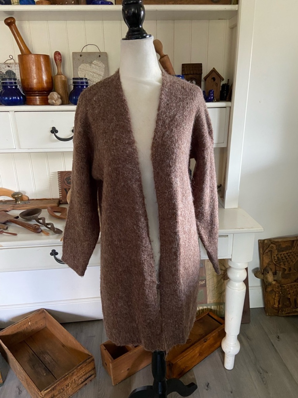 Kaffe Brown Fuzzy Open-Front Long Cardigan